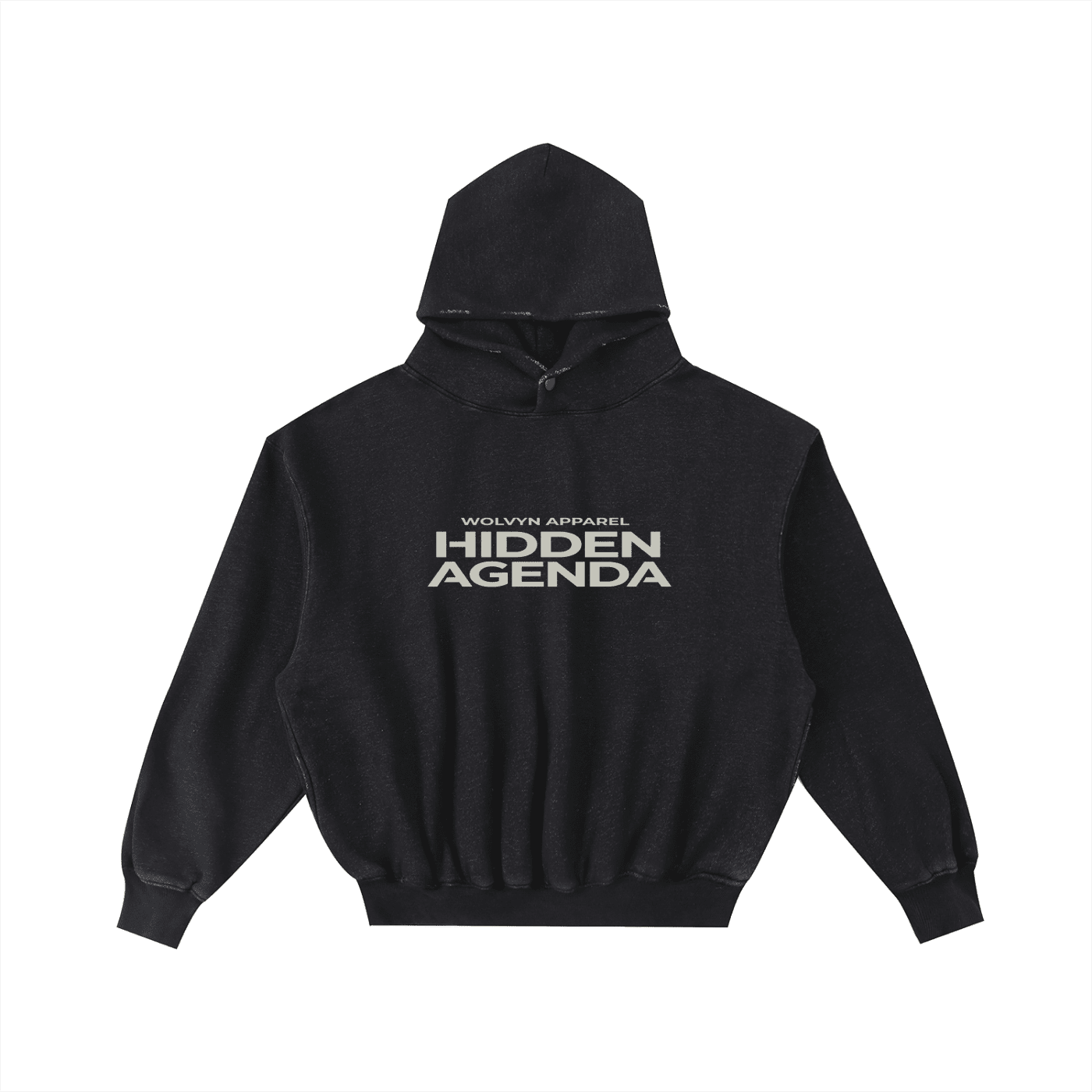 Black enzyme-washed fleece hoodie with frayed edges and 'Hidden Agenda' text on front