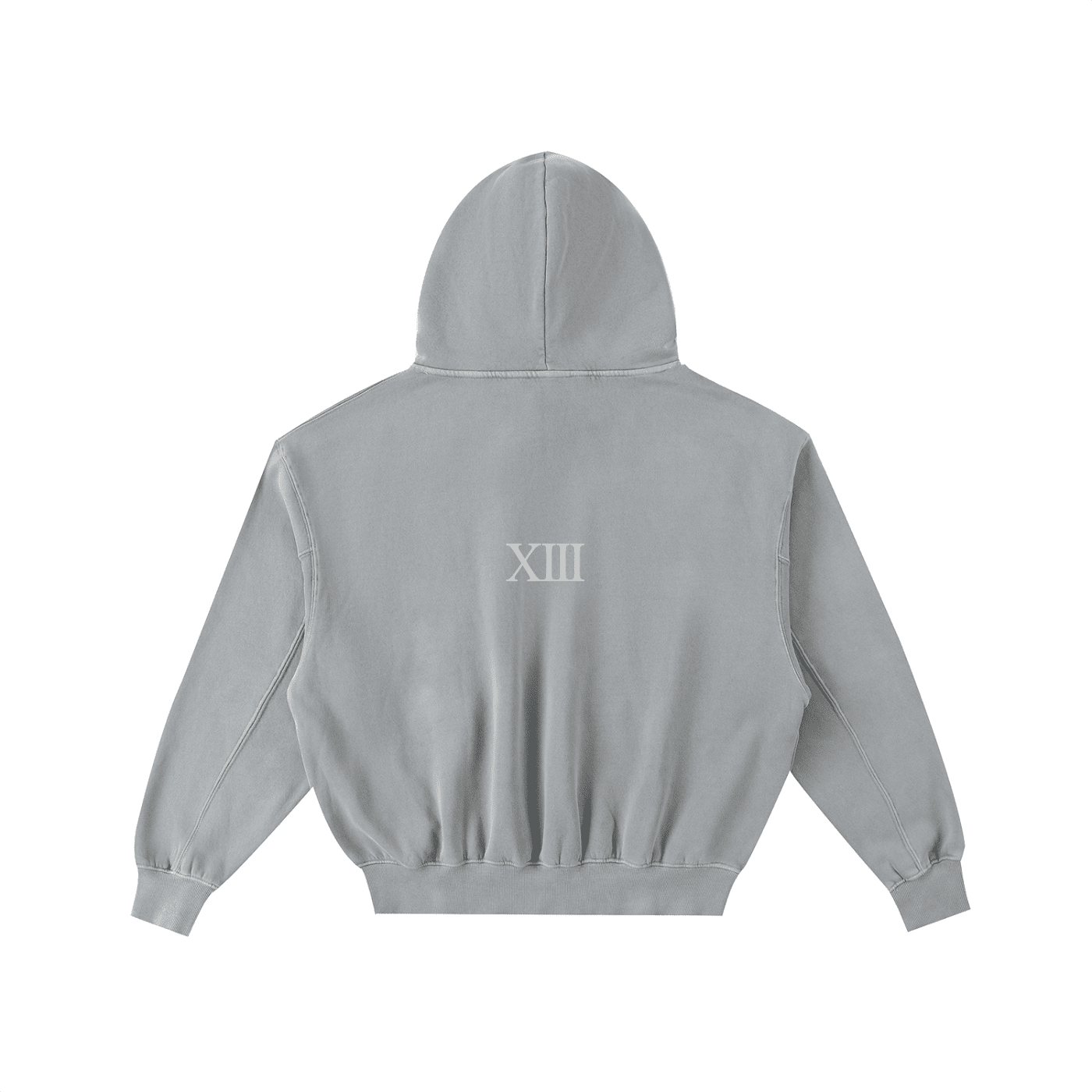 Back view of gray fleece hoodie with frayed hem and roman numeral XIII print, streetwear style
