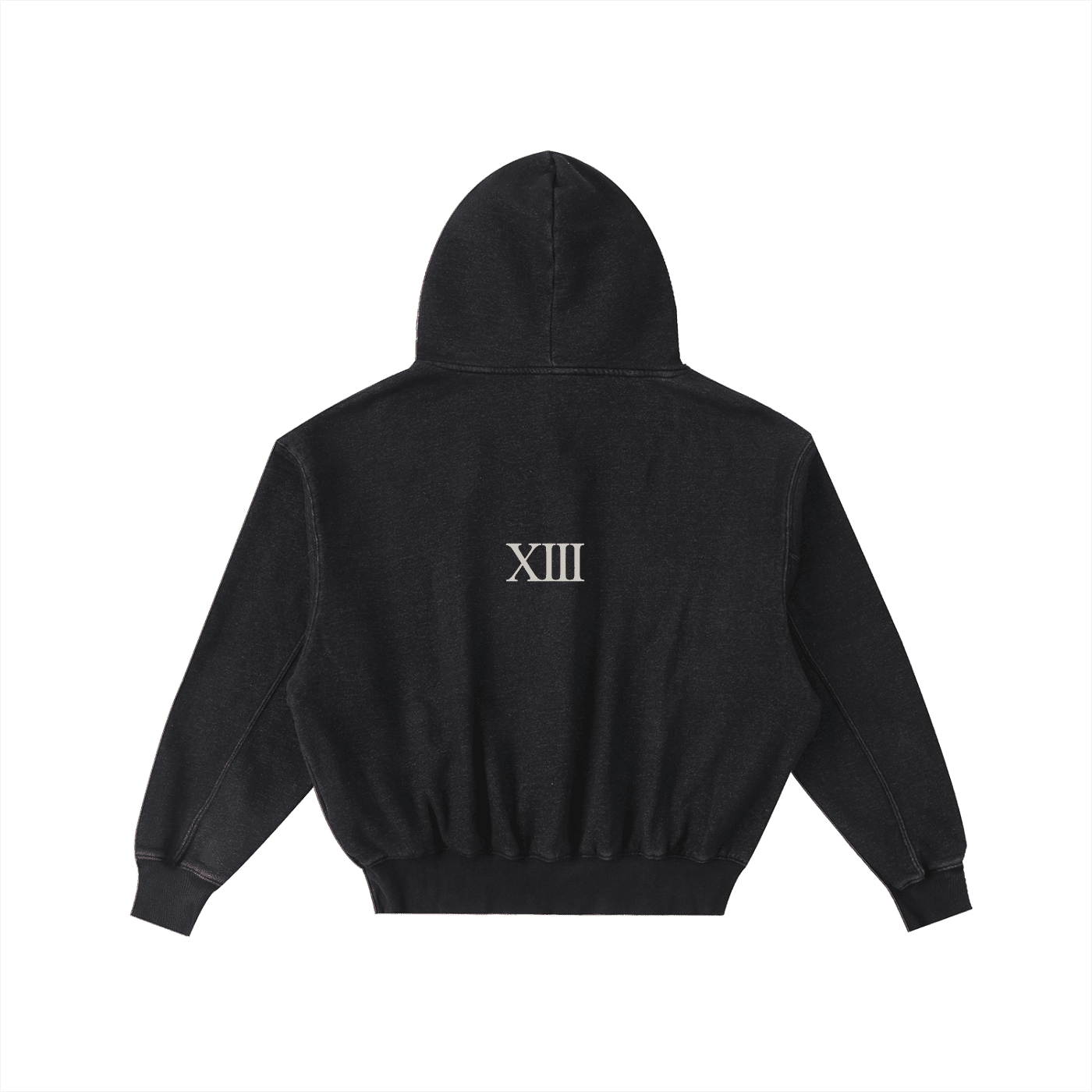Black frayed fleece hoodie with Roman numeral XIII on the back, enzyme washed, streetwear style