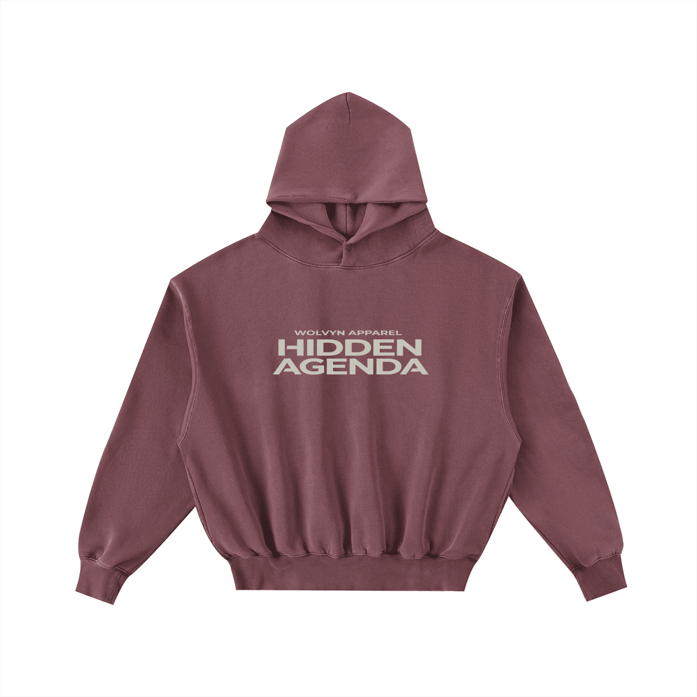 Frayed enzyme-washed mauve fleece hoodie with 'Hidden Agenda' text on front