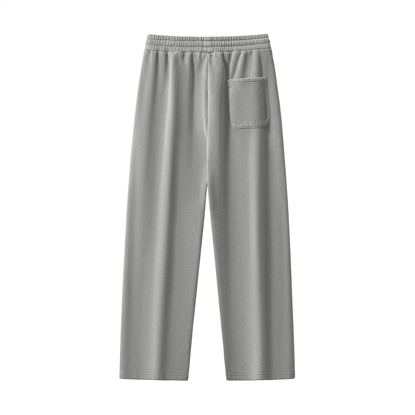 Back view of gray enzyme-washed fleece sweatpants with elastic waistband and rear pocket