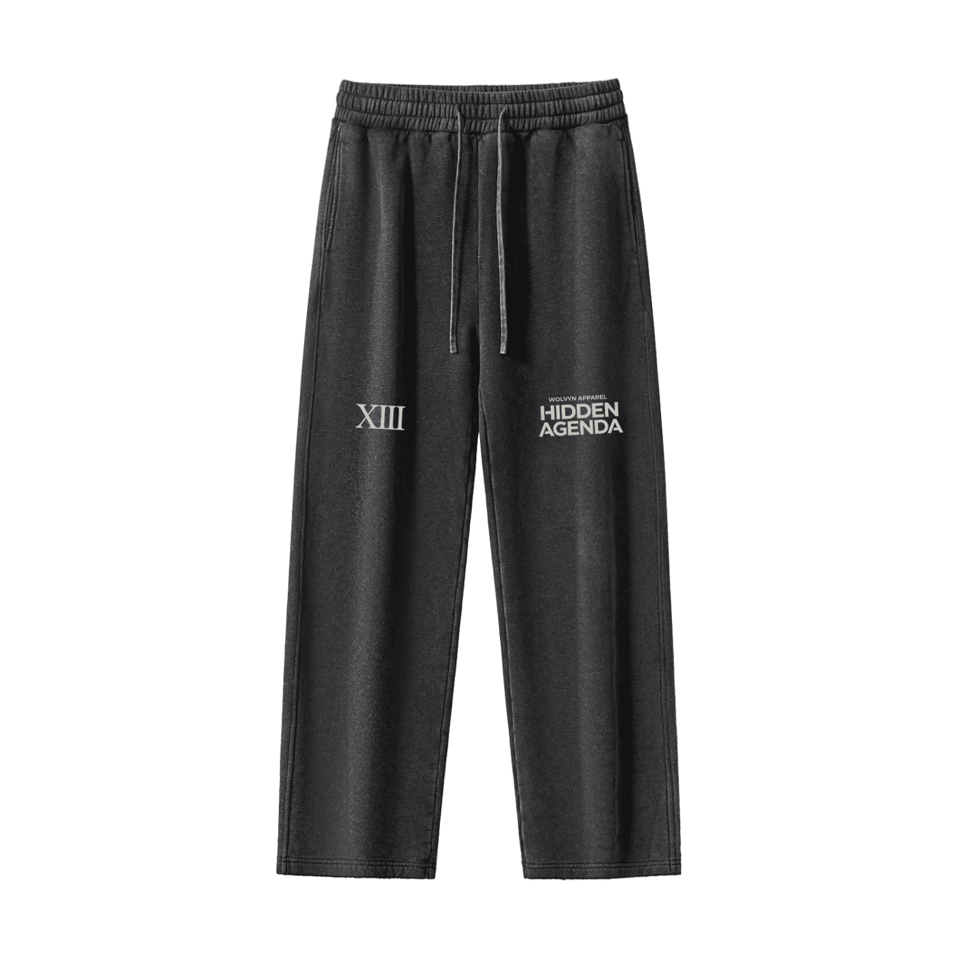 Charcoal frayed fleece sweatpants with 'XIII' and 'Hidden Agenda' white text on front