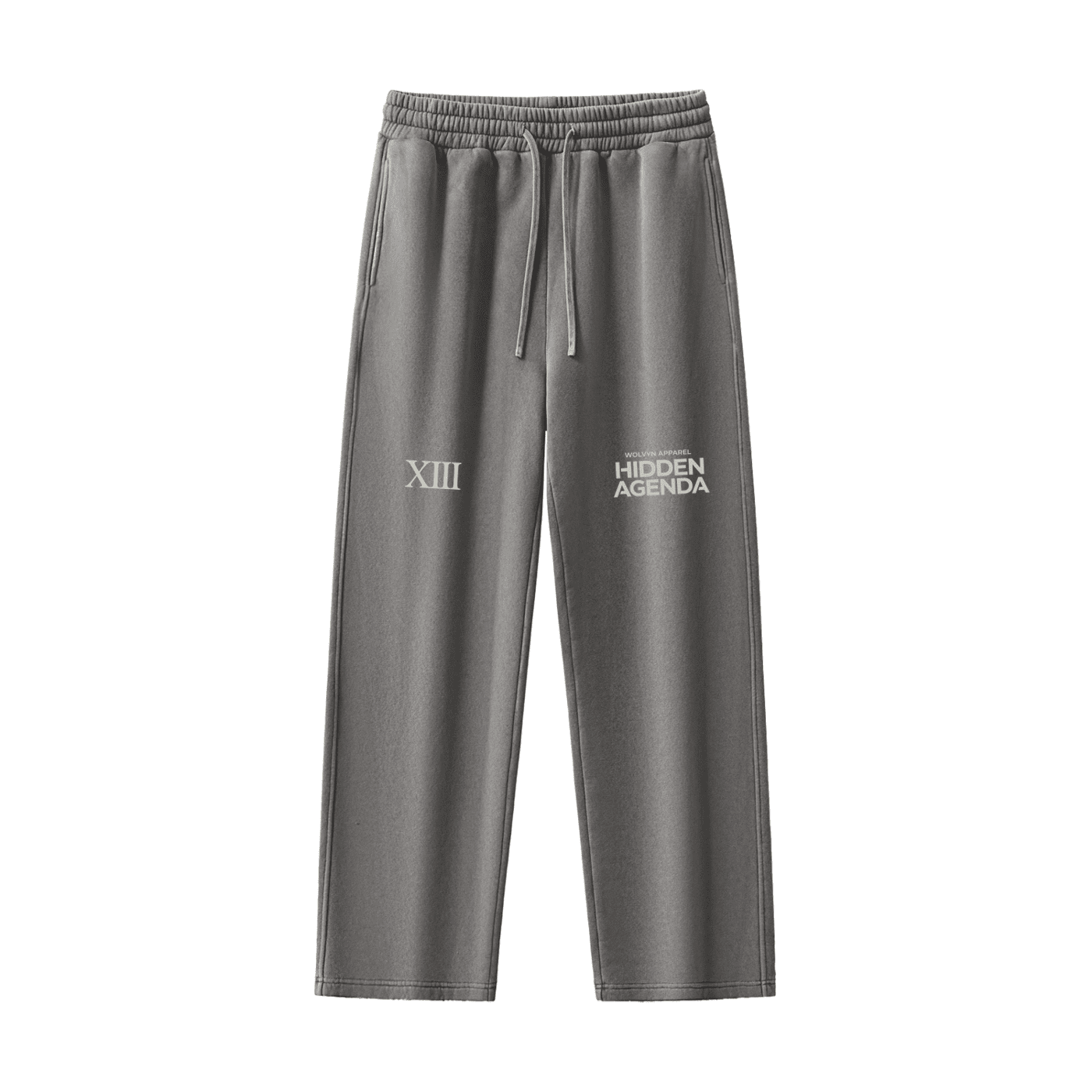 Grey fleece sweatpants with 'XIII' and 'HIDDEN AGENDA' text, drawstring waist, streetwear style