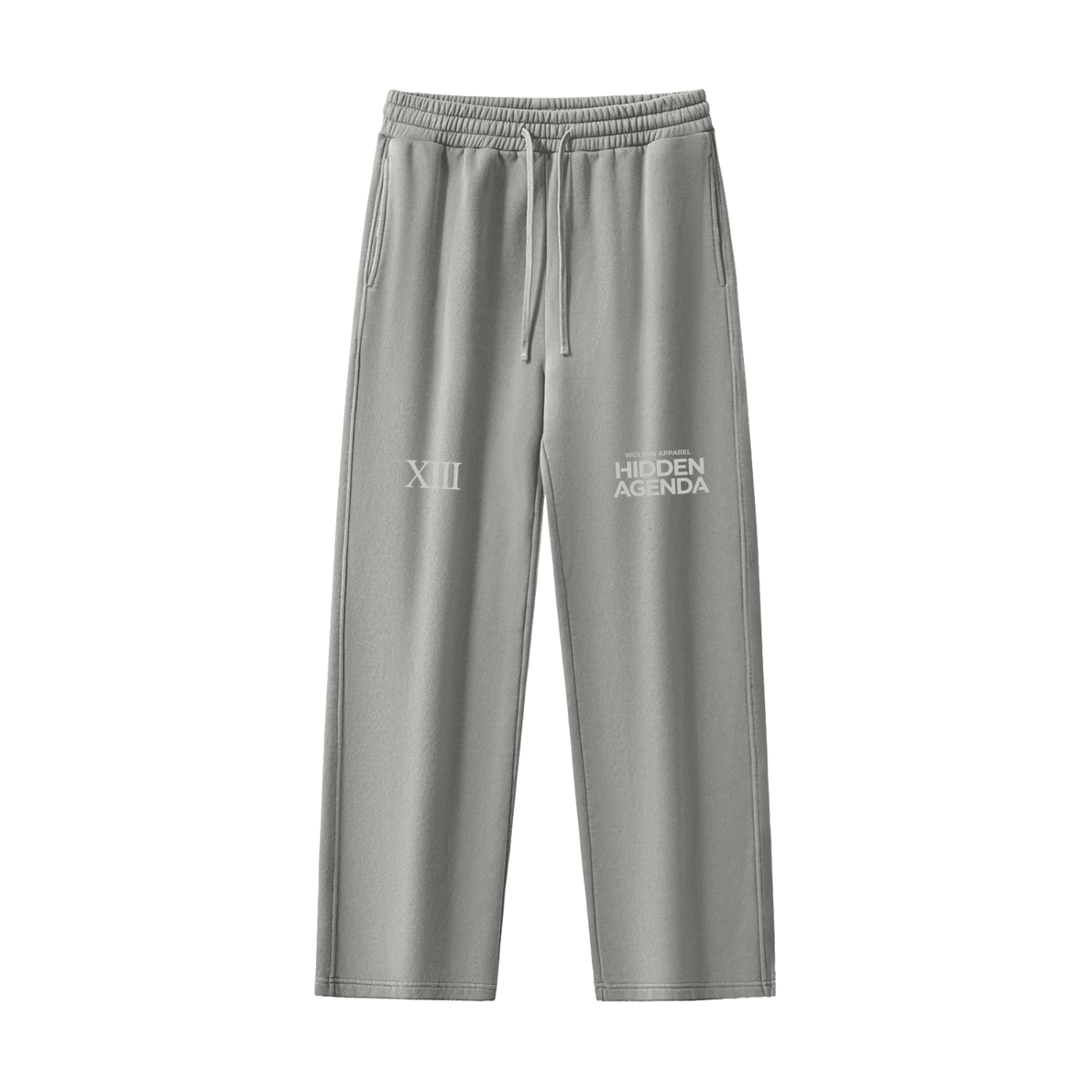 Gray fleece sweatpants with drawstring waist, frayed hems, 'HIDDEN AGENDA' and 'XIII' text detail