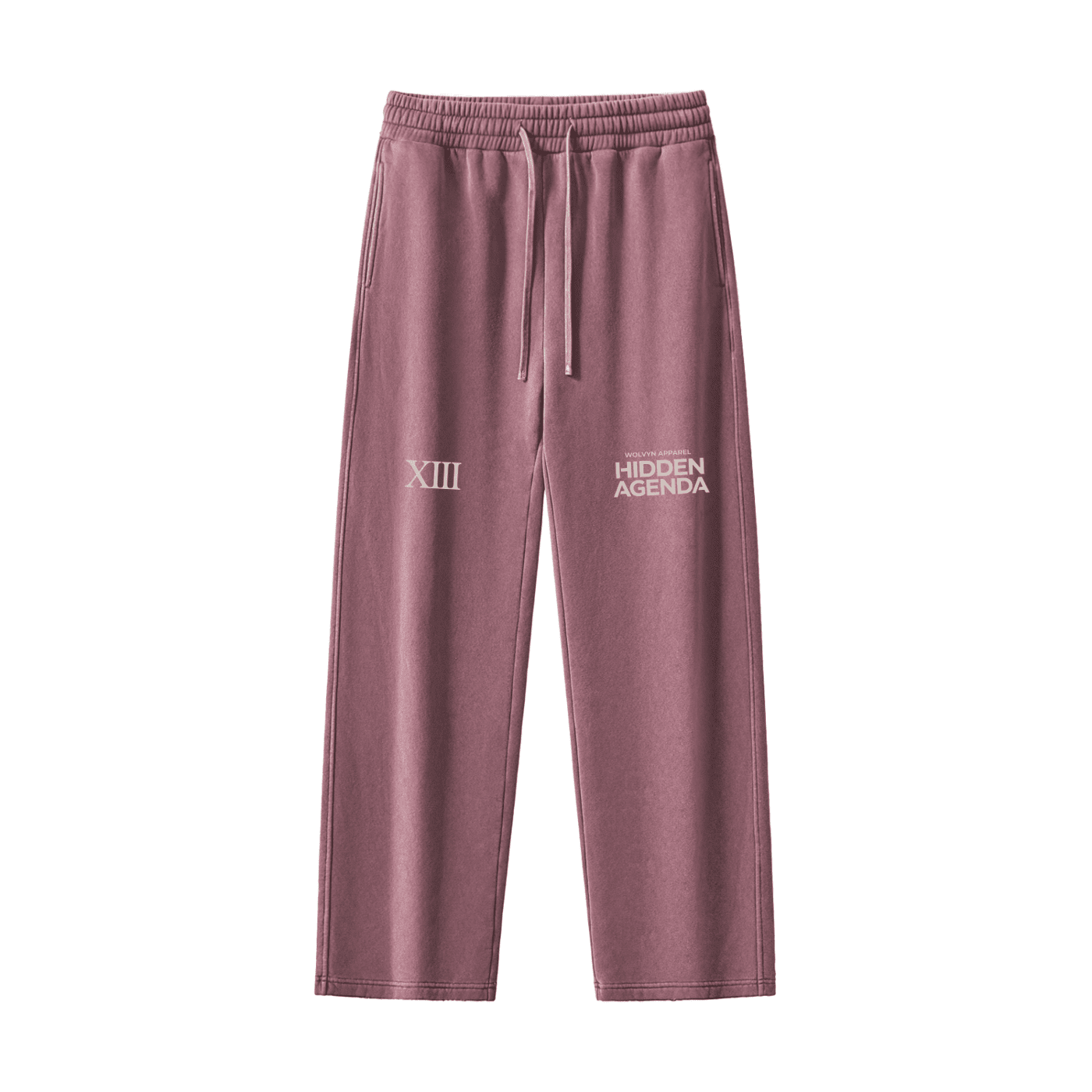 Mauve frayed fleece sweatpants with drawstring waist and white "HIDDEN AGENDA XIII" prints