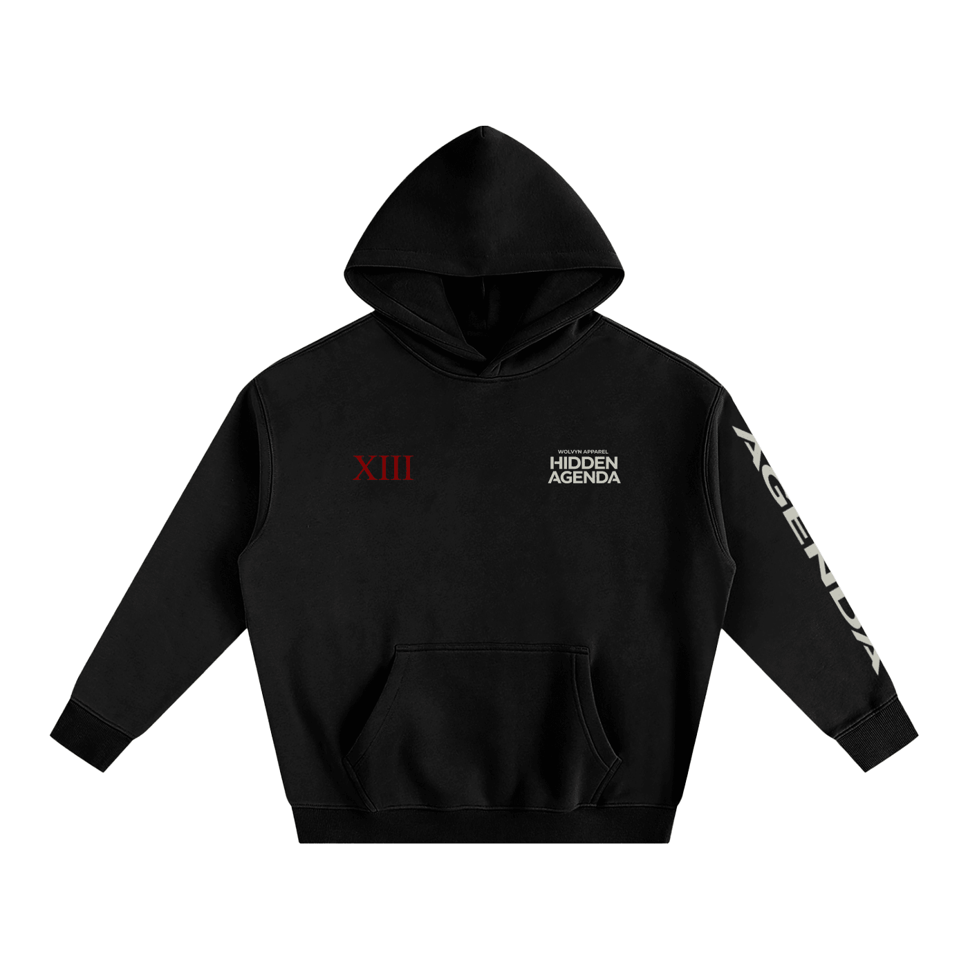 Black oversized fleece hoodie with 'HIDDEN AGENDA' text, XIII print, and bold sleeve lettering