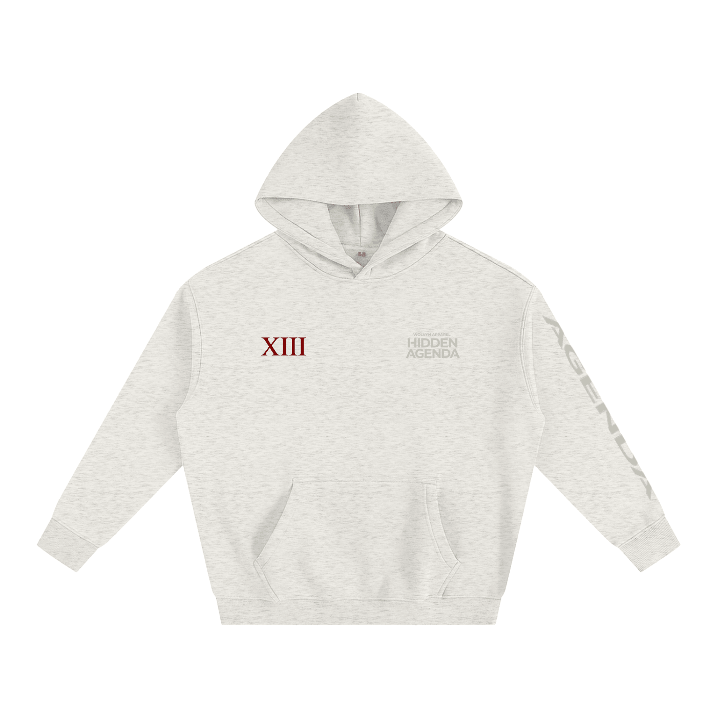 Oversized fleeced hoodie in light gray with 'XIII' and 'Hidden Agenda' text graphic, front view