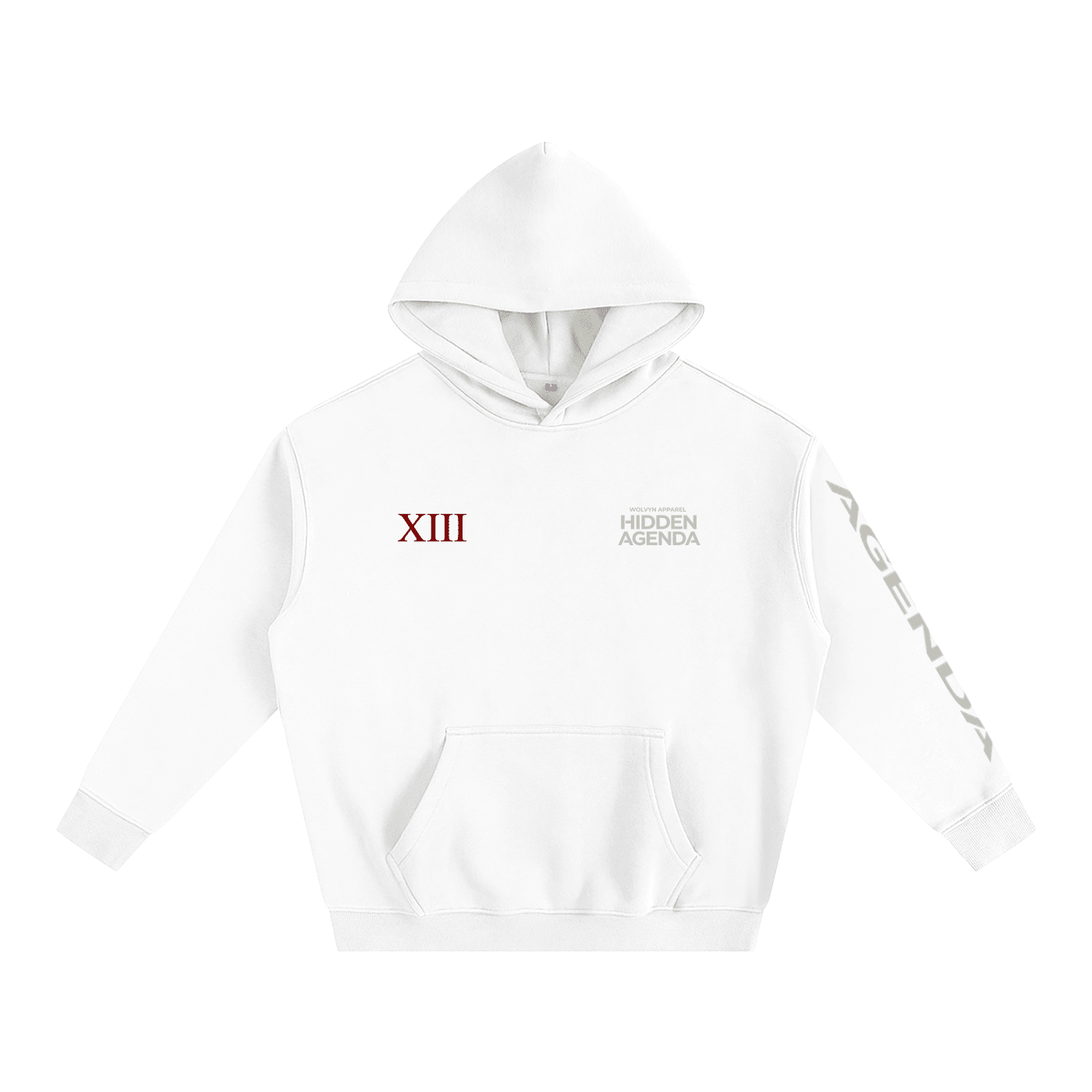 White oversized fleeced hoodie with 'XIII' in red, 'HIDDEN AGENDA' chest text, and AGENDA sleeve print