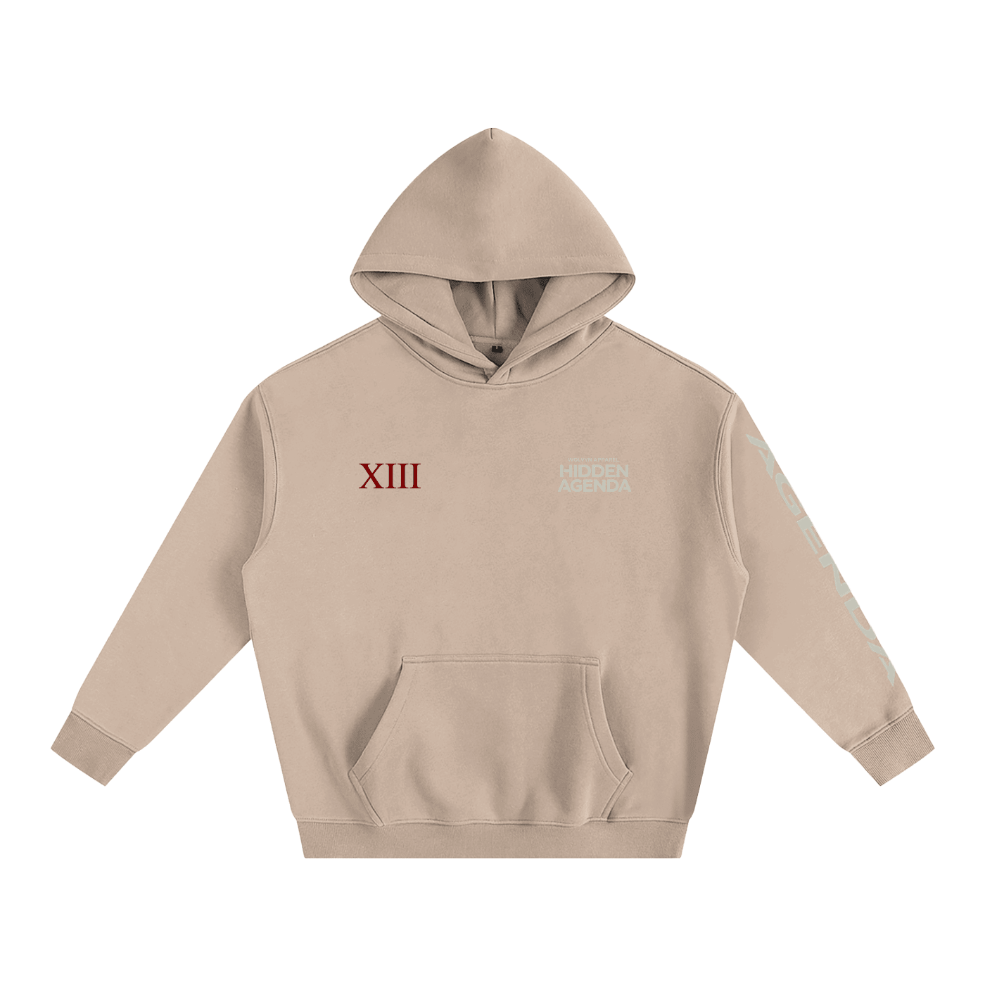 Beige oversized fleece hoodie with XIII and Hidden Agenda text, front pouch pocket, streetwear style.