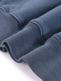 Close-up of heavyweight blue ribbed sweatshirt cuffs on white background