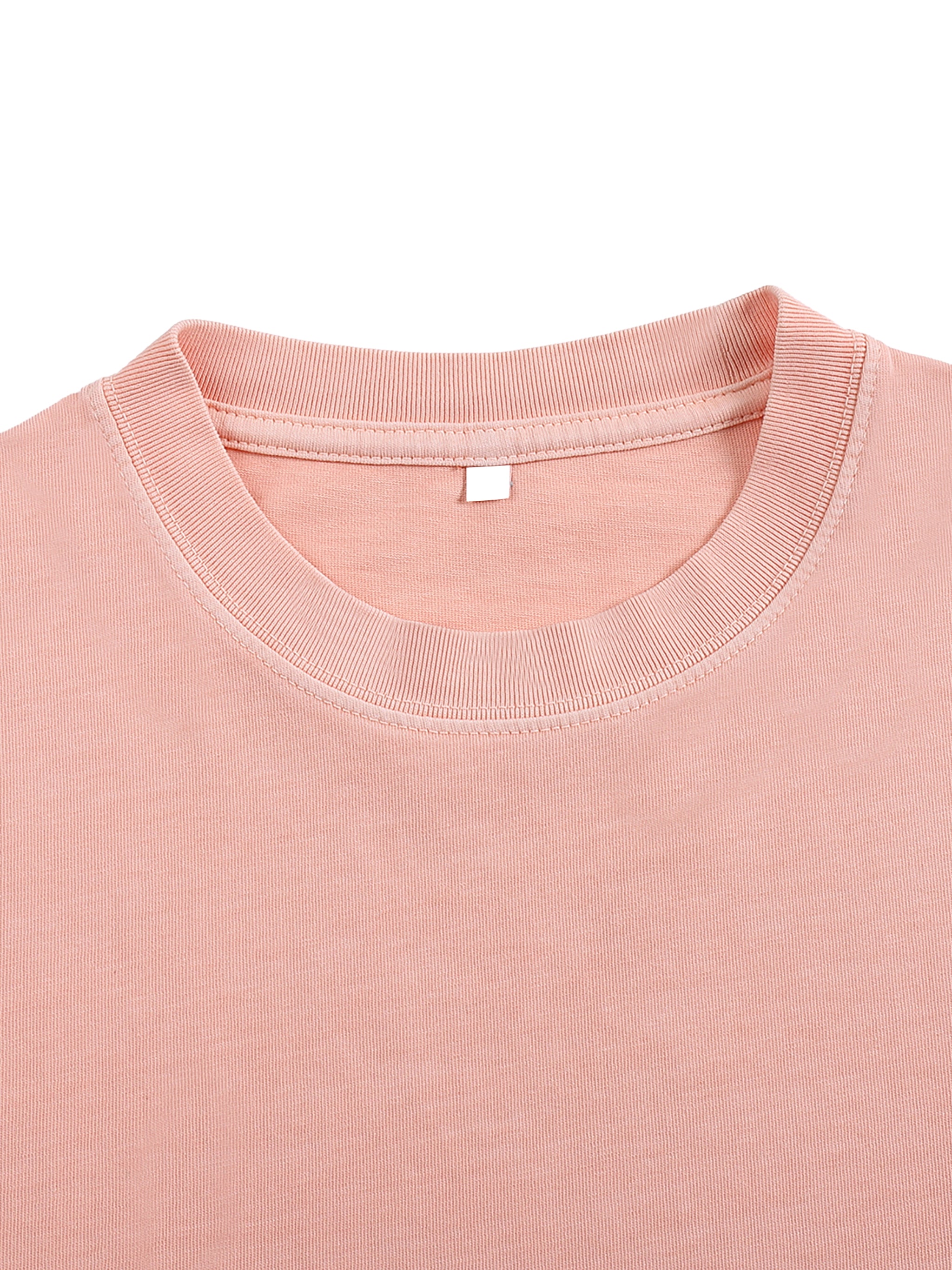 Close-up of a heavyweight pink crew neck T-shirt collar on a white background