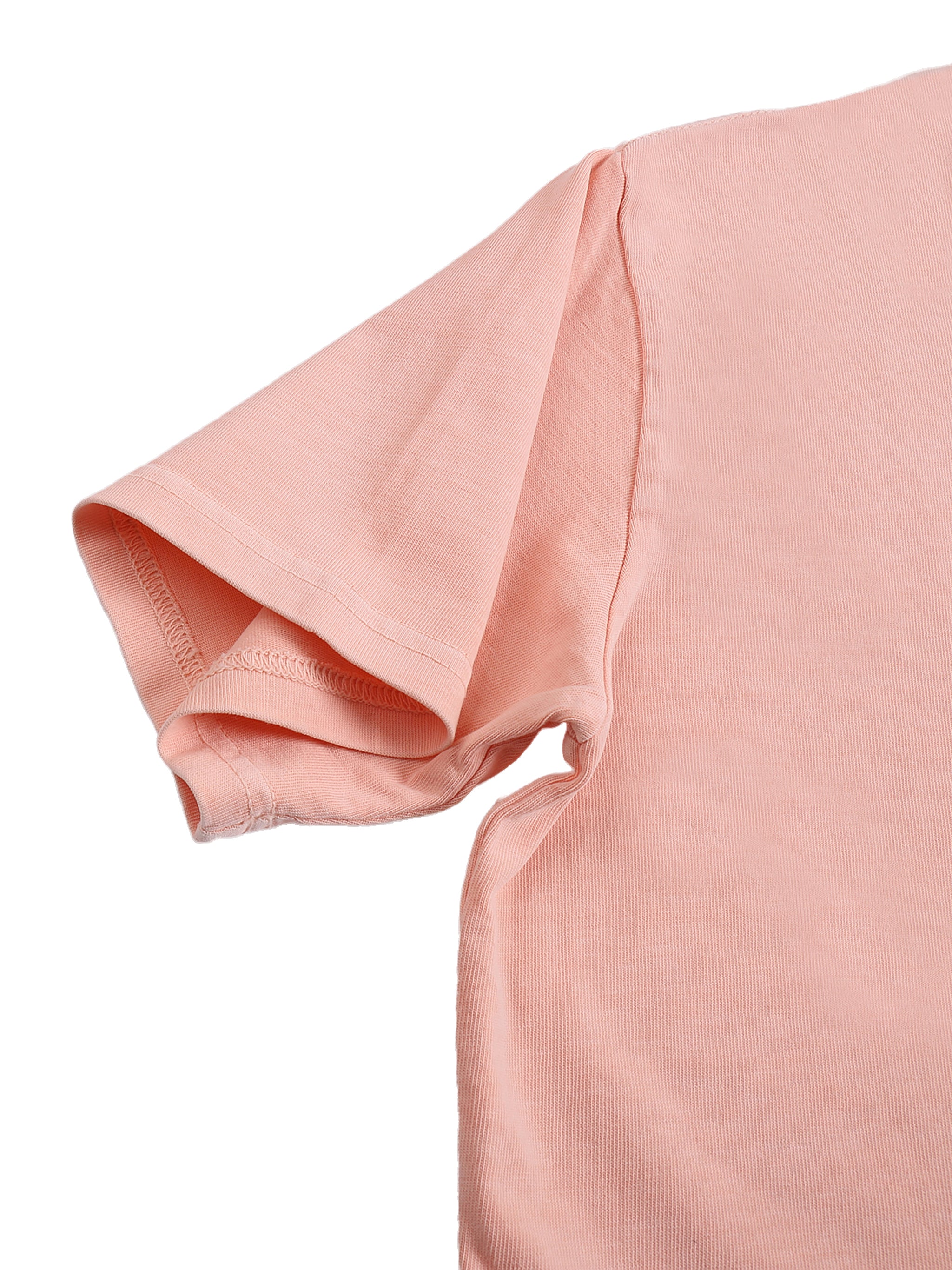 Closeup of short sleeve peach heavyweight cotton t-shirt against white background