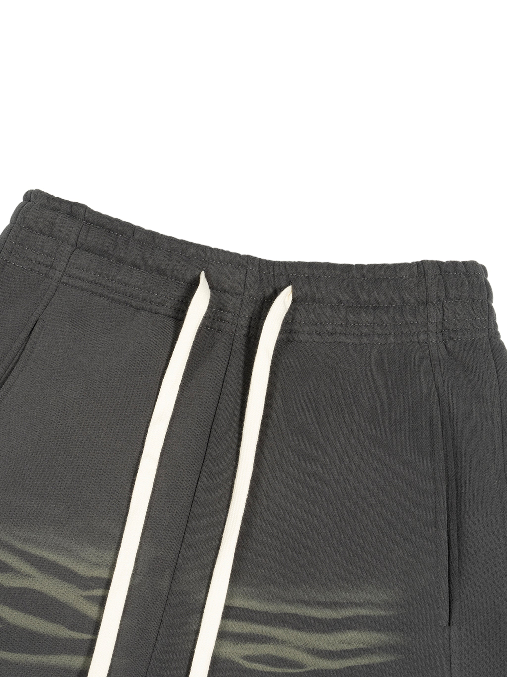 Heavyweight charcoal grey sweat shorts with elastic waistband and white drawstrings