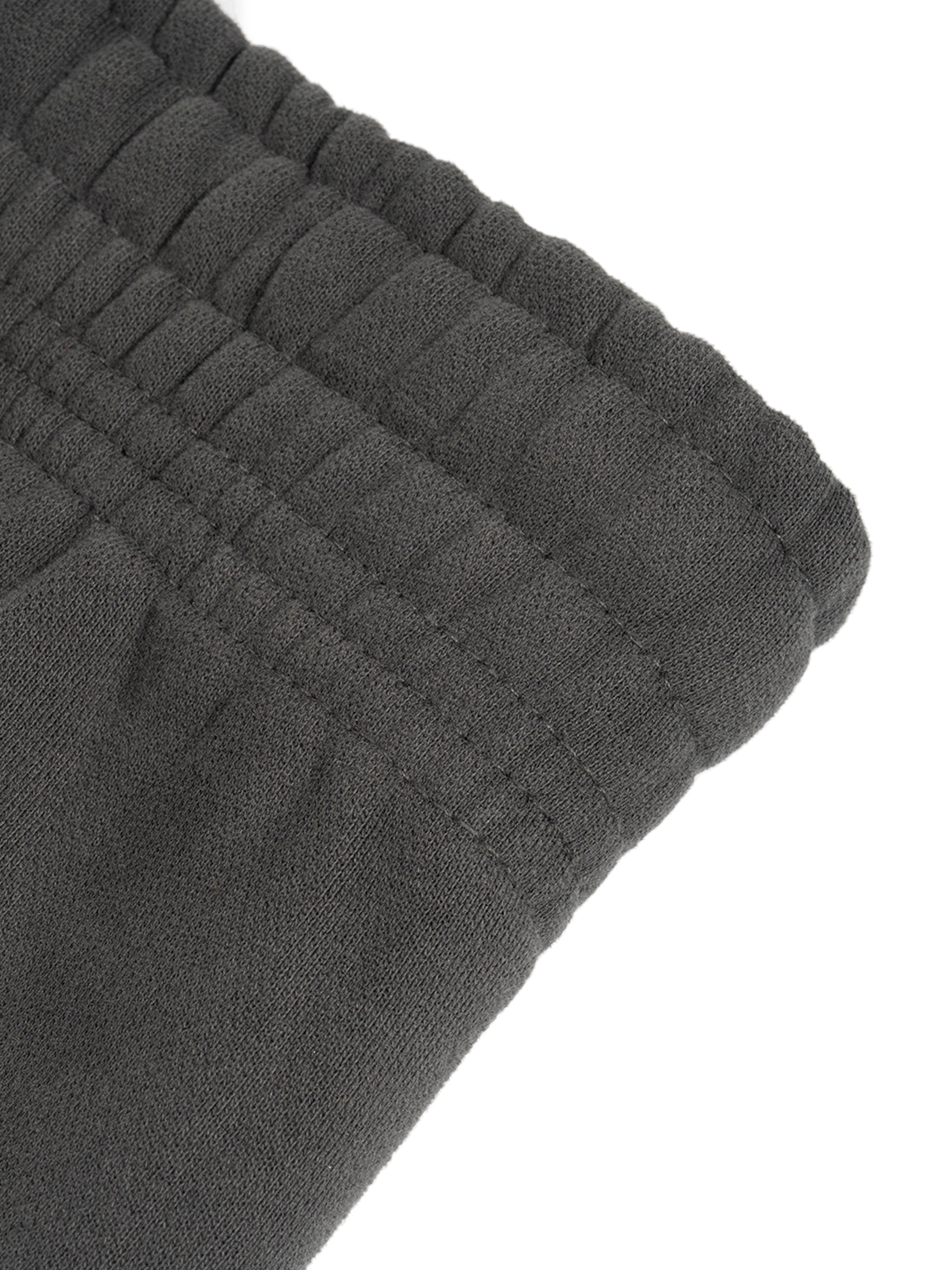 Close-up of black heavyweight streetwear jogger pant cuff with ribbed detailing