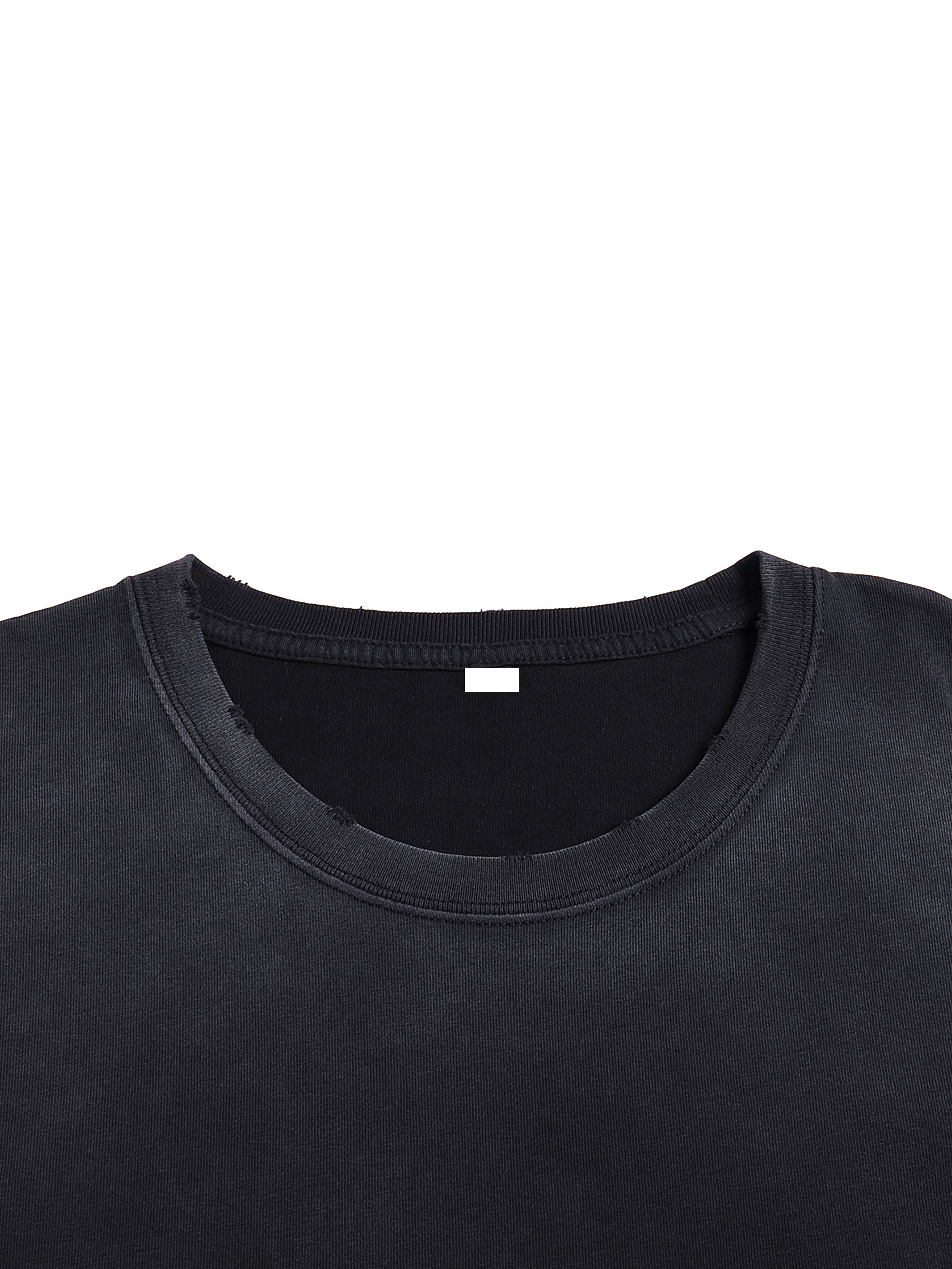 Close-up of black heavyweight streetwear t-shirt with ribbed crew neck and subtle distressing