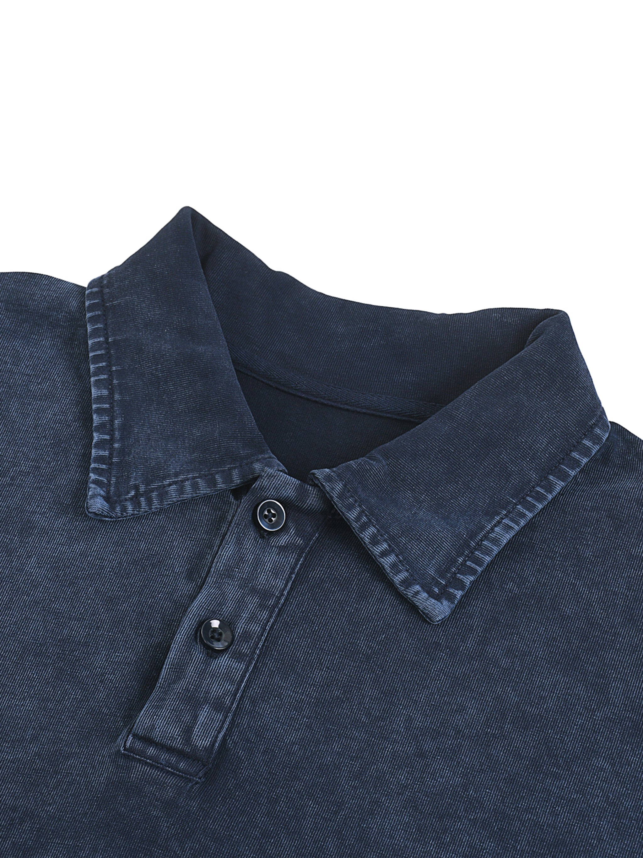 Close-up of a navy blue heavyweight washed polo shirt with button placket