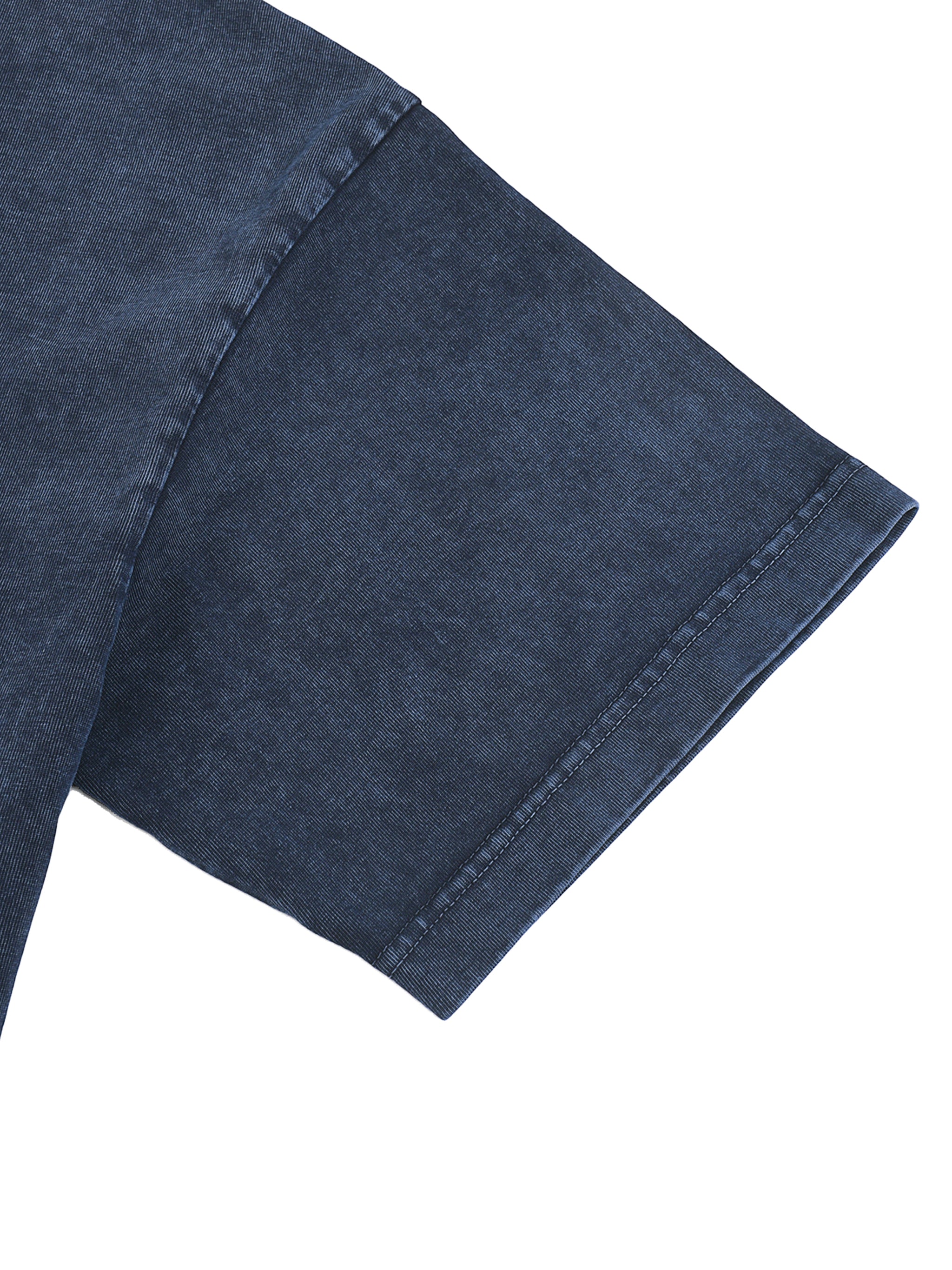 Close-up of a navy blue heavyweight streetwear t-shirt sleeve with detailed stitching
