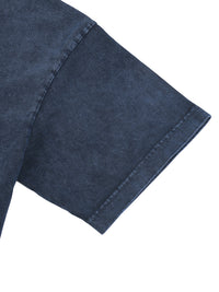 Close-up of a navy blue heavyweight streetwear t-shirt sleeve with detailed stitching