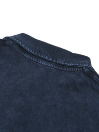 Close-up of a heavyweight dark blue washed streetwear shirt collar detail
