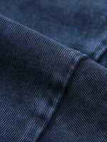 Close-up of heavyweight navy ribbed knit streetwear fabric sleeve detail