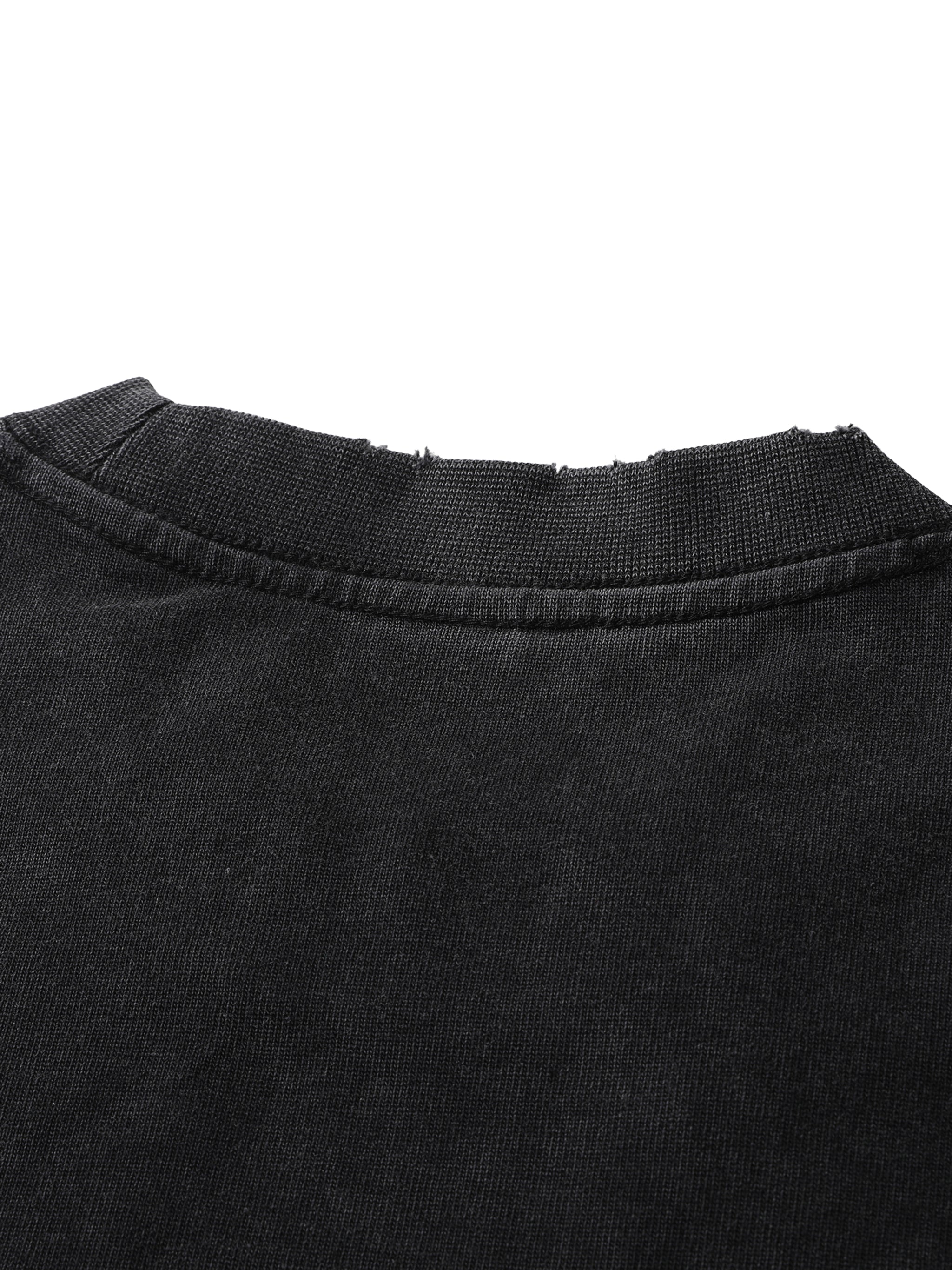 Close-up of distressed black heavyweight streetwear t-shirt collar and fabric texture