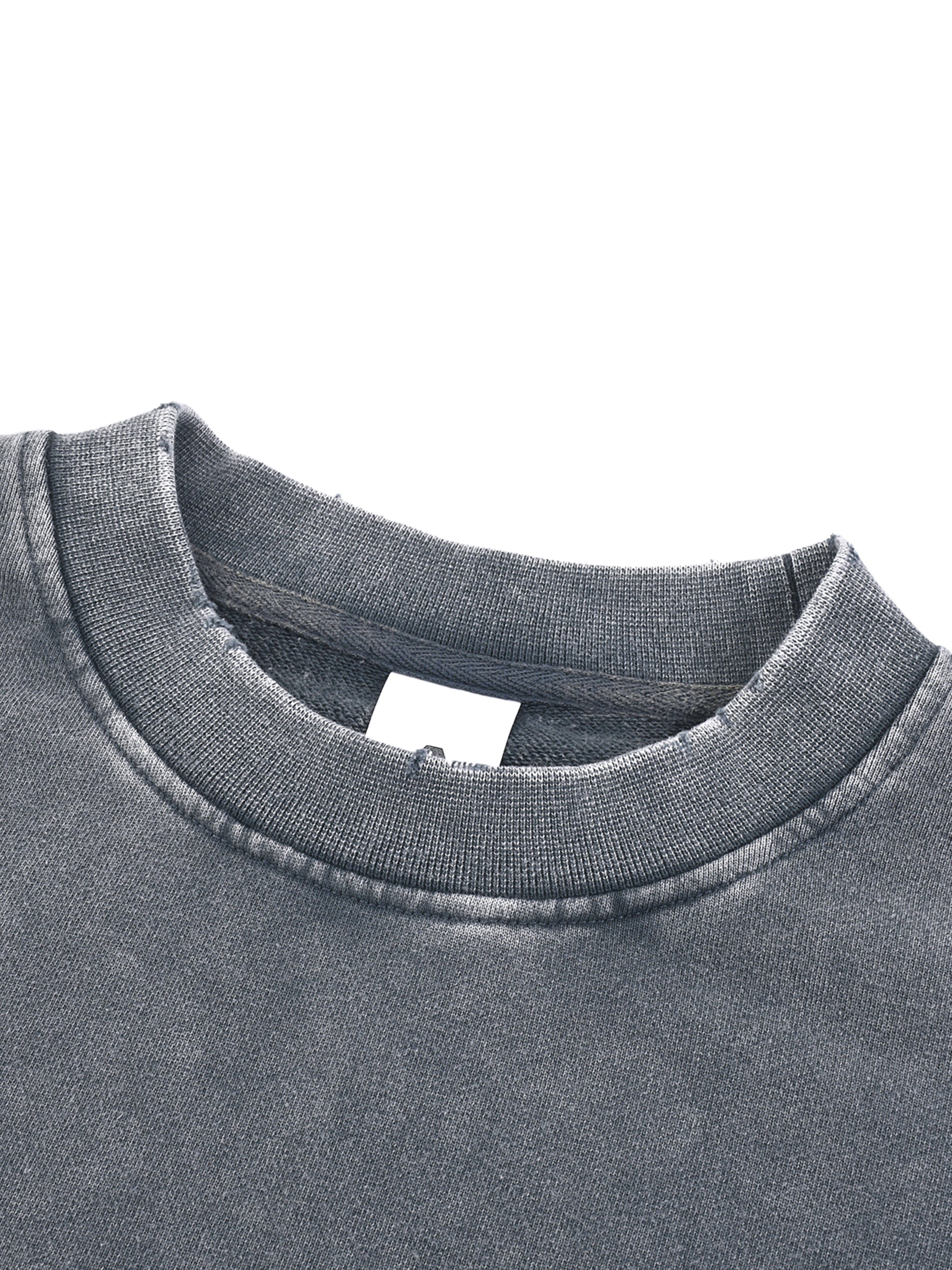 Close-up of heavyweight grey streetwear crewneck sweatshirt collar and stitching