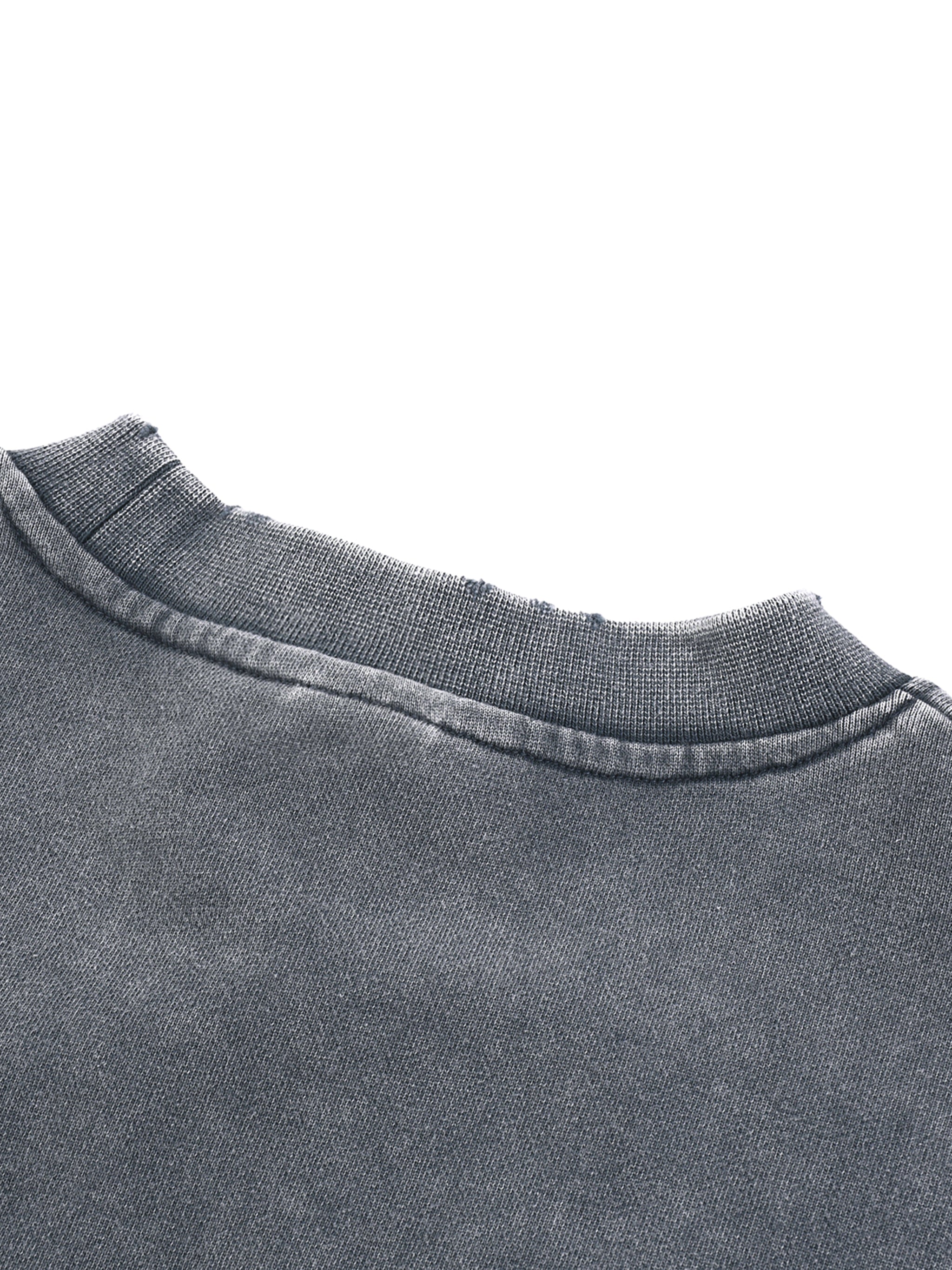 Close-up of heavyweight grey streetwear sweatshirt collar and fabric texture