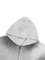 Zippered hoodie in heather gray fleece with sun-fade and frayed raw-edge hood