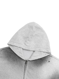Zippered hoodie in heather gray fleece with sun-fade and frayed raw-edge hood