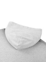 Zippered hoodie in gray fleece; close-up of hood edge and seam