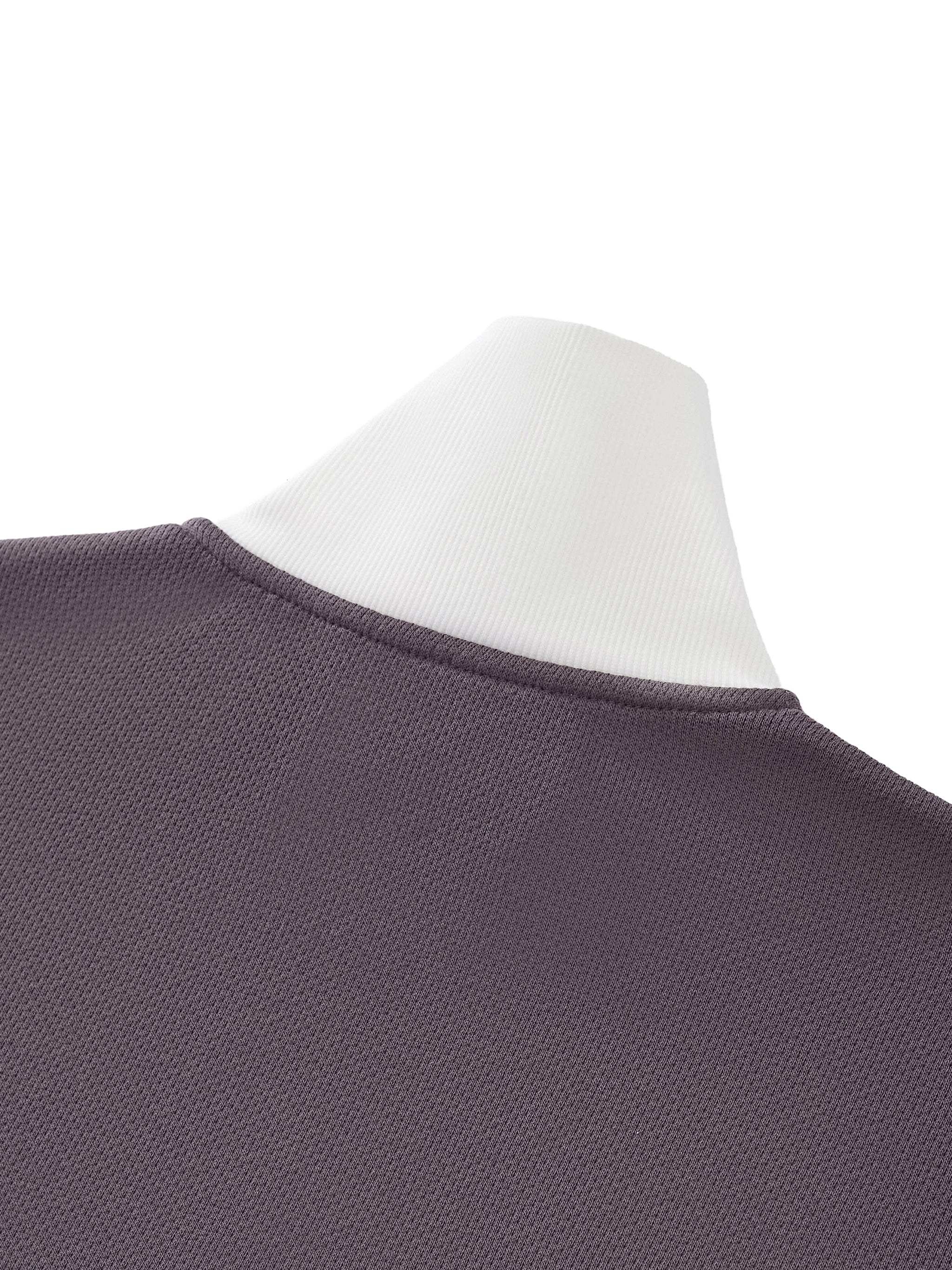Close-up of a dark gray textured heavyweight streetwear shirt collar on a white mannequin