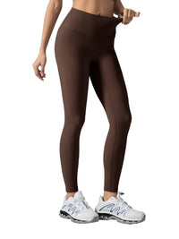 Standard Issue High-Waisted Yoga Leggings in brown on model; full-length stretch fabric with high-rise waist, Wolvyn Apparel.