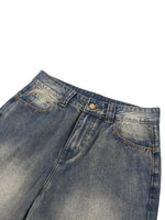 ODMPOD Wolvyn Apparel vintage wash baggy denim shorts; front view with copper rivet pockets.