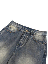 ODMPOD Wolvyn Apparel vintage wash baggy denim shorts; front view with copper rivet pockets.