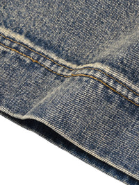 Denim shorts by ODMPOD in blue vintage-wash with orange topstitching