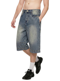 Wolvyn Apparel Vintage Wash Baggy Denim Shorts, blue denim, knee-length