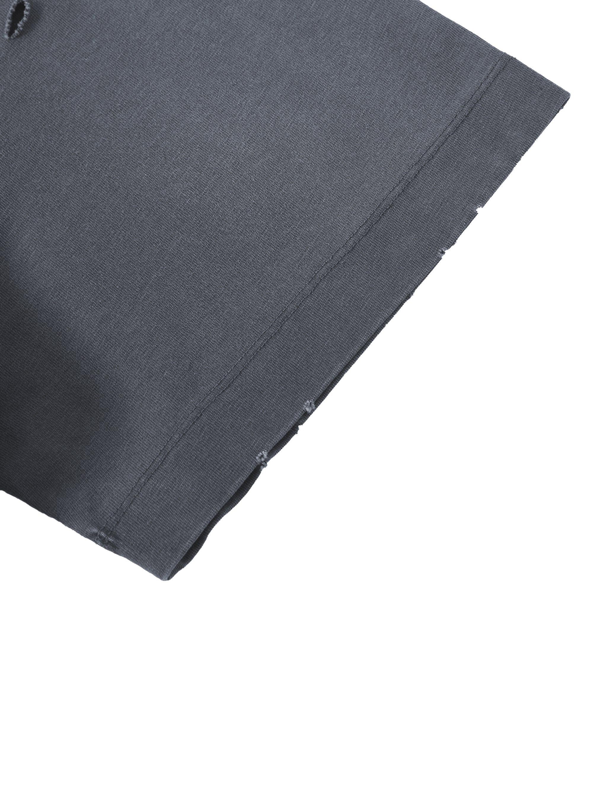 Close-up of dark grey heavyweight t-shirt sleeve with subtle distressed details