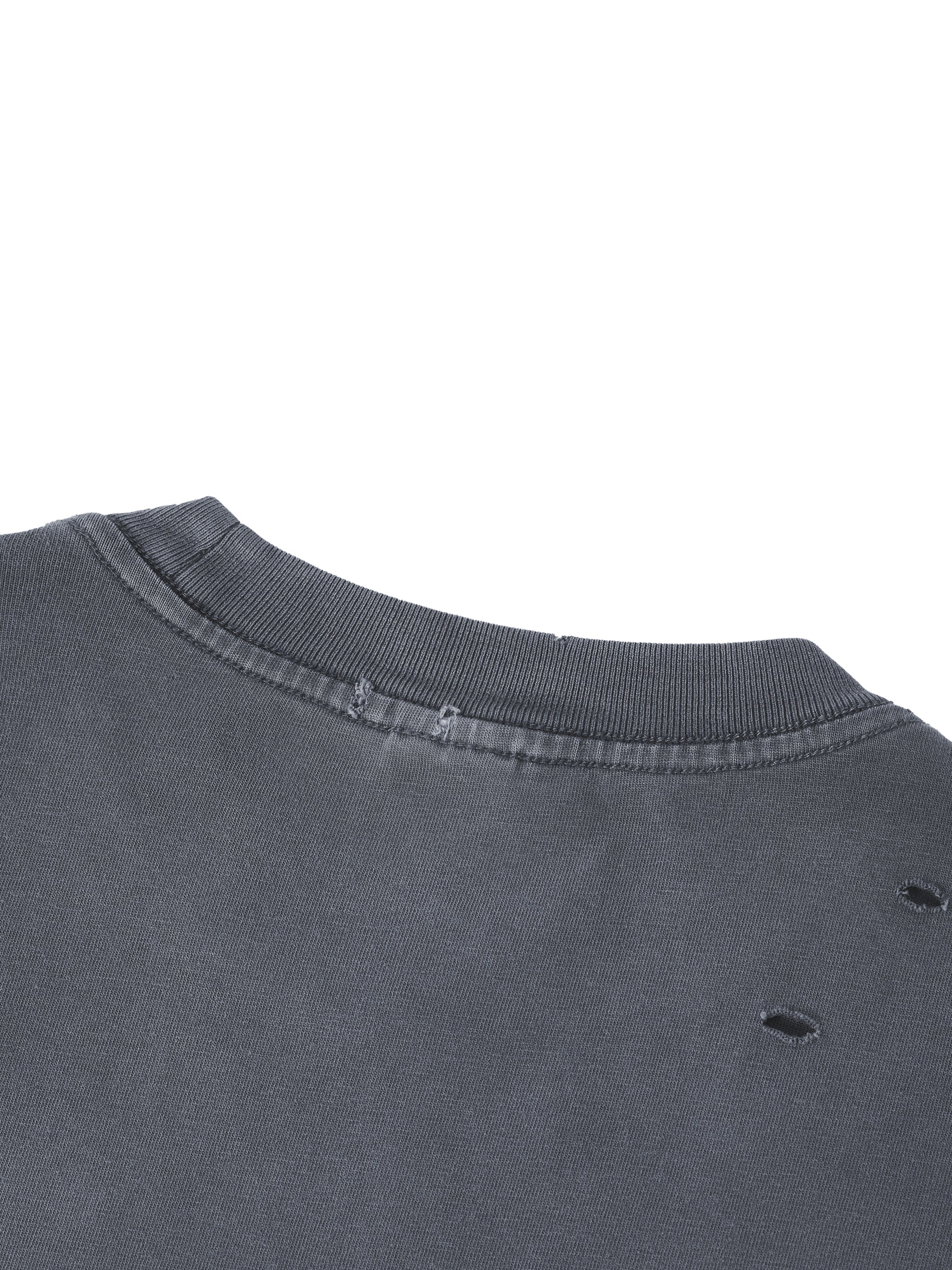 Close-up of charcoal heavyweight streetwear shirt with distressed holes near collar