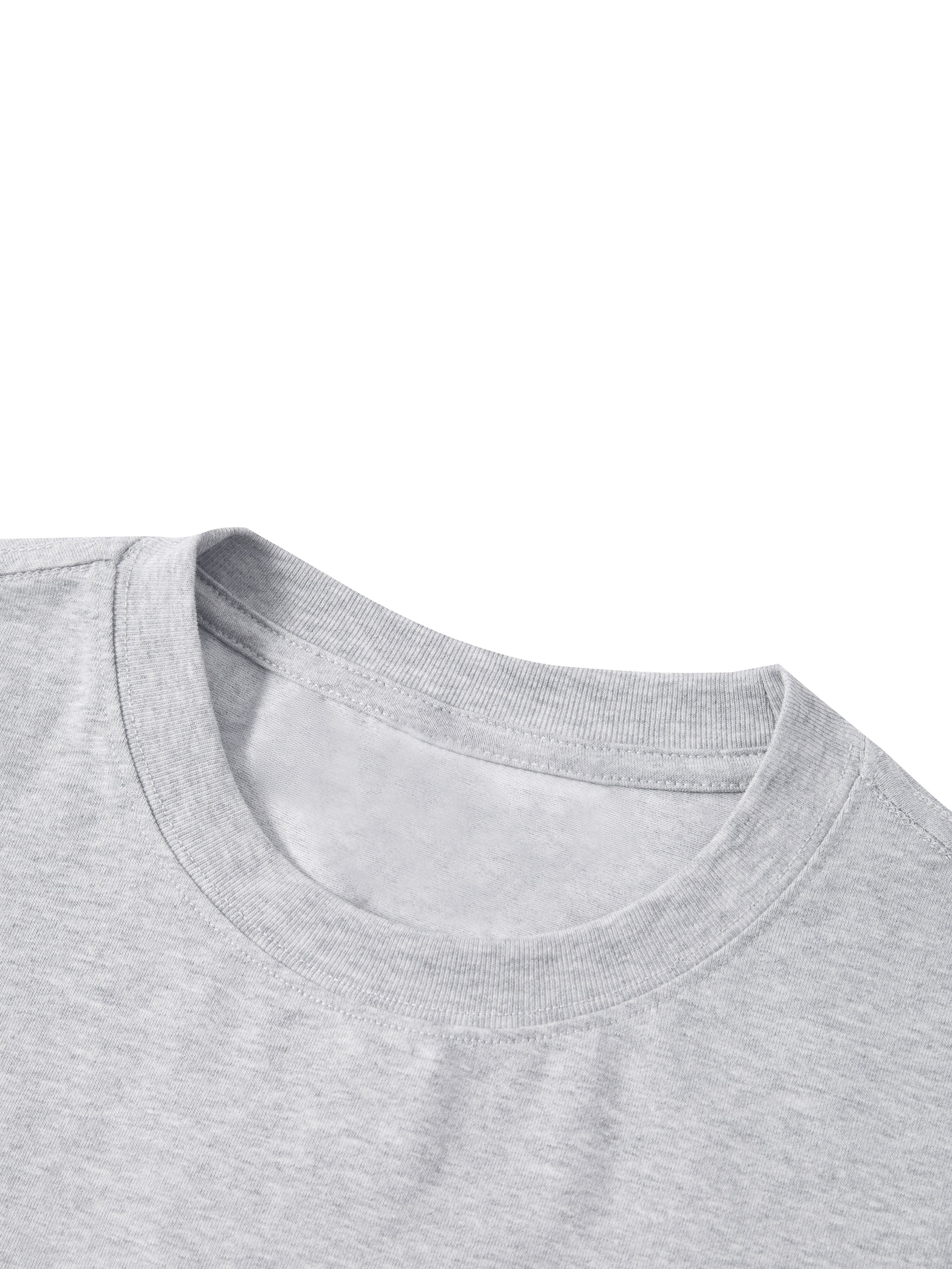 Close-up of a light grey heavyweight streetwear T-shirt collar on a white background