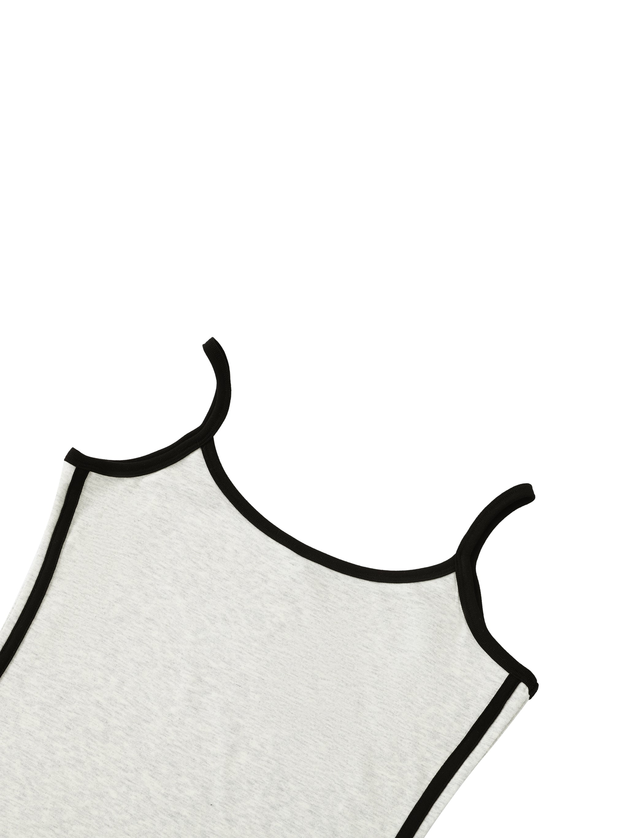 White tank top with black trim and spaghetti straps on a plain background
