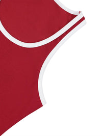 Wolvyn Apparel women's color-block cropped tank top in red with white trim.