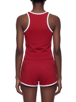 Wolvyn Apparel women's color block cropped tank top red with white trim.