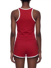 Wolvyn Apparel women's color block cropped tank top red with white trim.