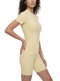 Wolvyn Apparel Women's Quarter-Zip Short Sleeve Romper in pale yellow