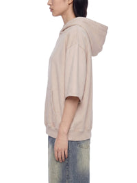 Hoodie, unisex mineral-wash beige short-sleeve with hood