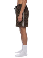 Shorts: Villain by Wolvyn Apparel leopard heavyweight drawstring shorts with black drawstring and white side stripes.