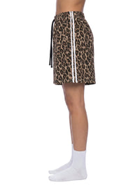 Villain by Wolvyn leopard print heavyweight drawstring shorts, unisex with white side stripe.