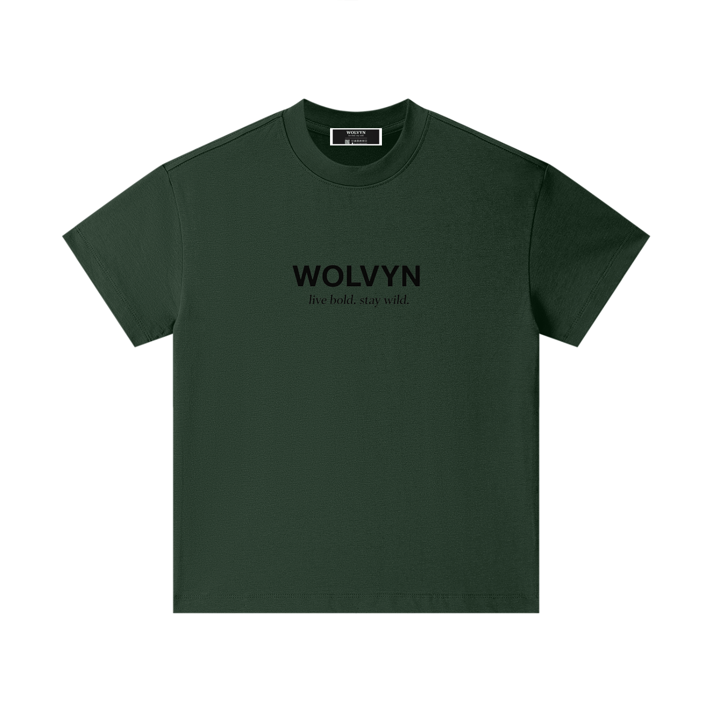 Dark green cotton kids t-shirt with bold black text and crew neck, front view.