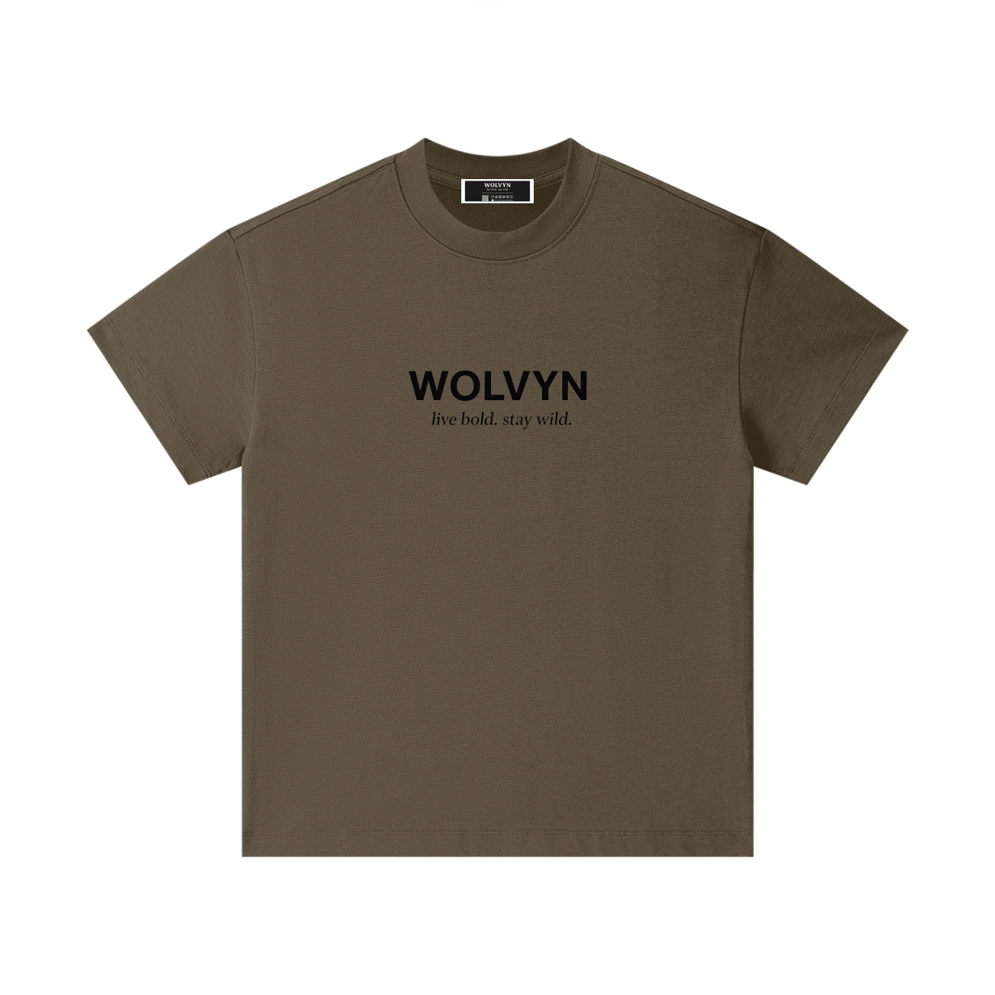 Brown kids cotton t-shirt with black text 'WOLVYN live bold. stay wild.' on front