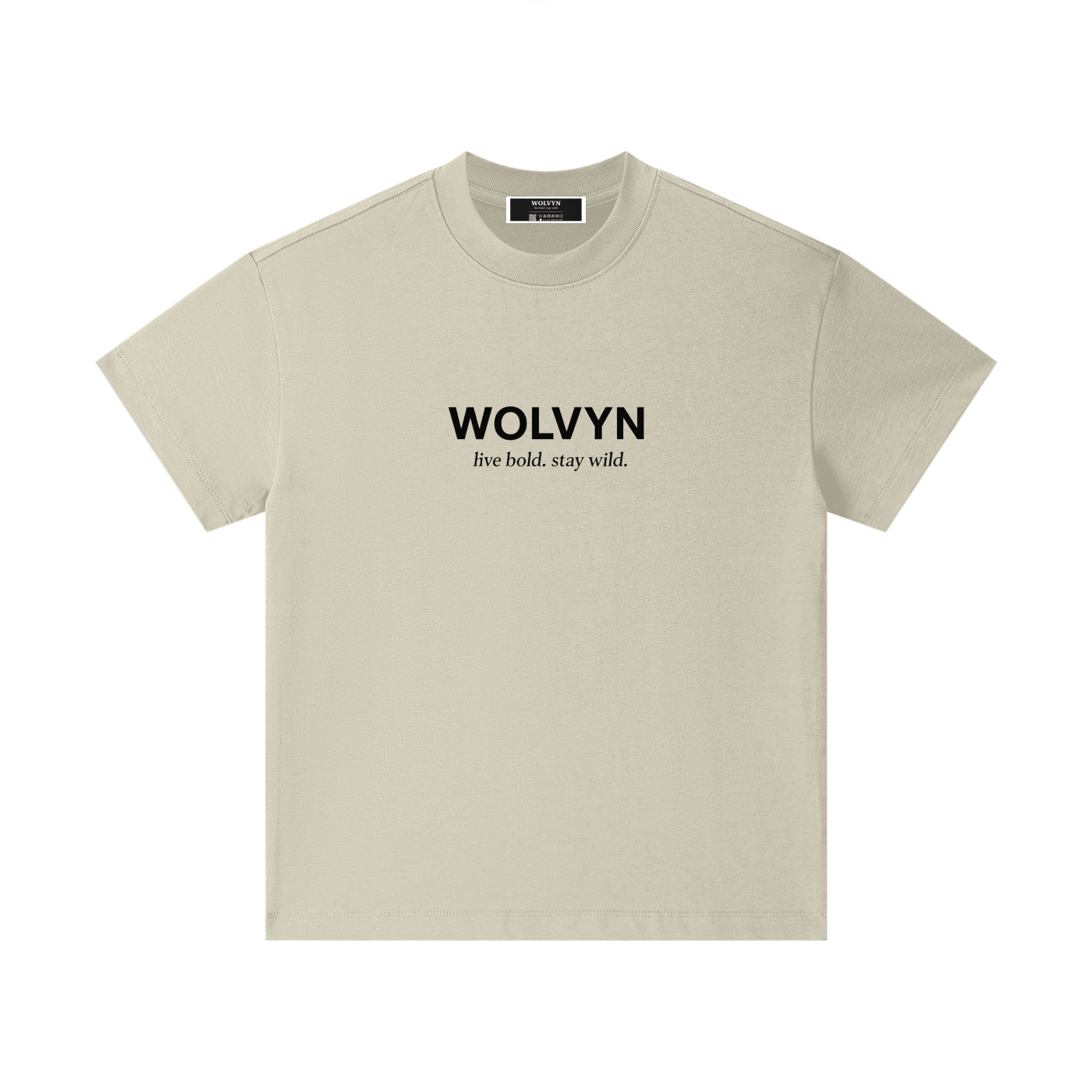 Beige cotton kids T-shirt with bold black front text and crew neck, streetwear style